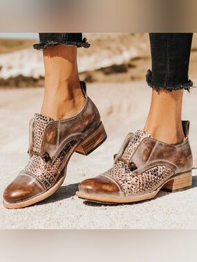 Freebird Mabel Brown Leather & Copper Snake-Print Ankle Shoes 9